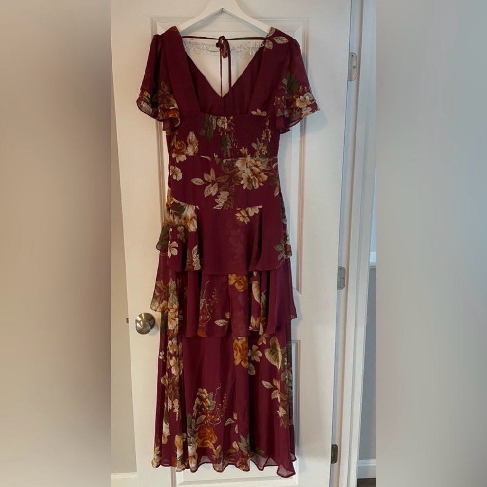 Lulu's Midnight Mood Burgundy Floral Tiered Maxi Dress - Size L Romantic Formal - Picture 7 of 8